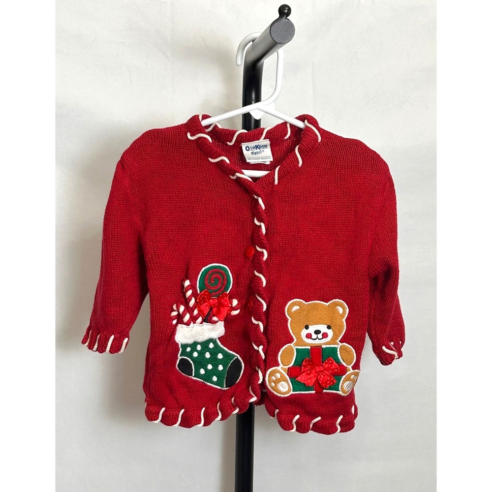 OshKosh B'gosh Vintage Red Christmas Cardigan Teddy Bear Stocking 2T